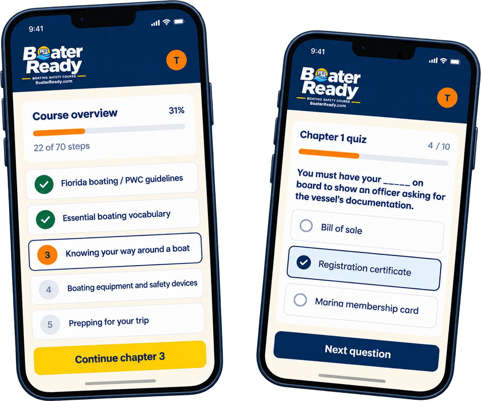 Two phones showing the course: a chapter list with progress at 22 of 70 steps, and a chapter quiz on question 4 of 10 with an answer selected