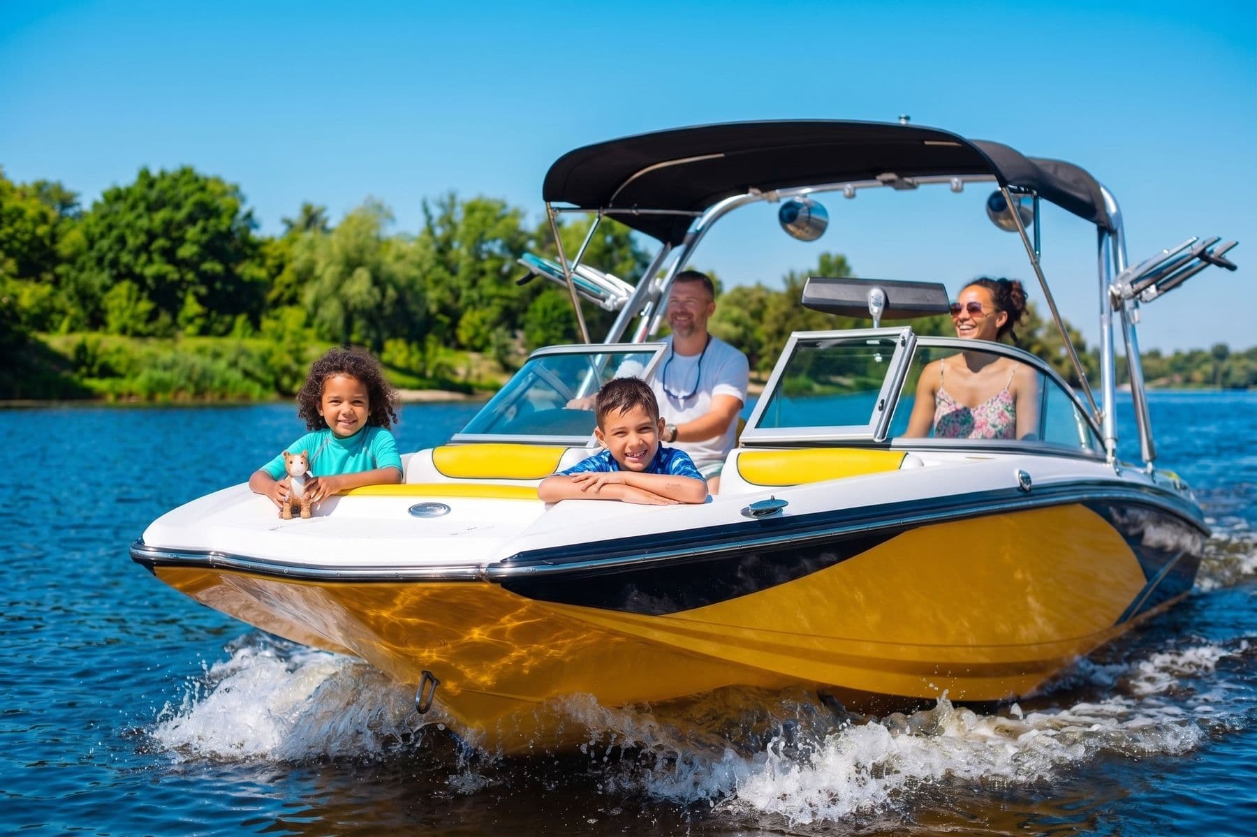 A family out on the water in a small powerboat